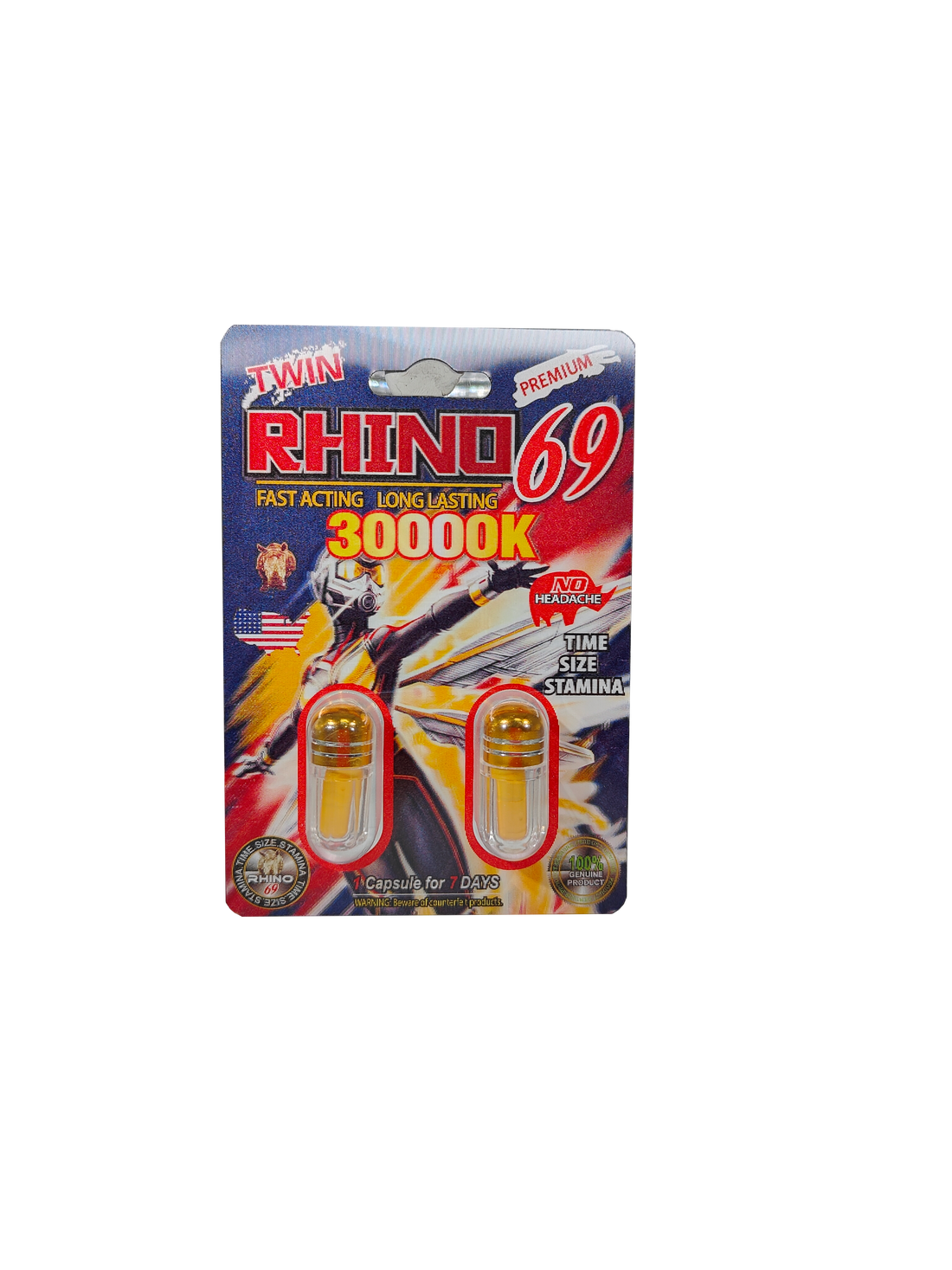 Double capsule packet of Rhino 69 30000K, a male enhancement supplement in pill form. Wasp design.