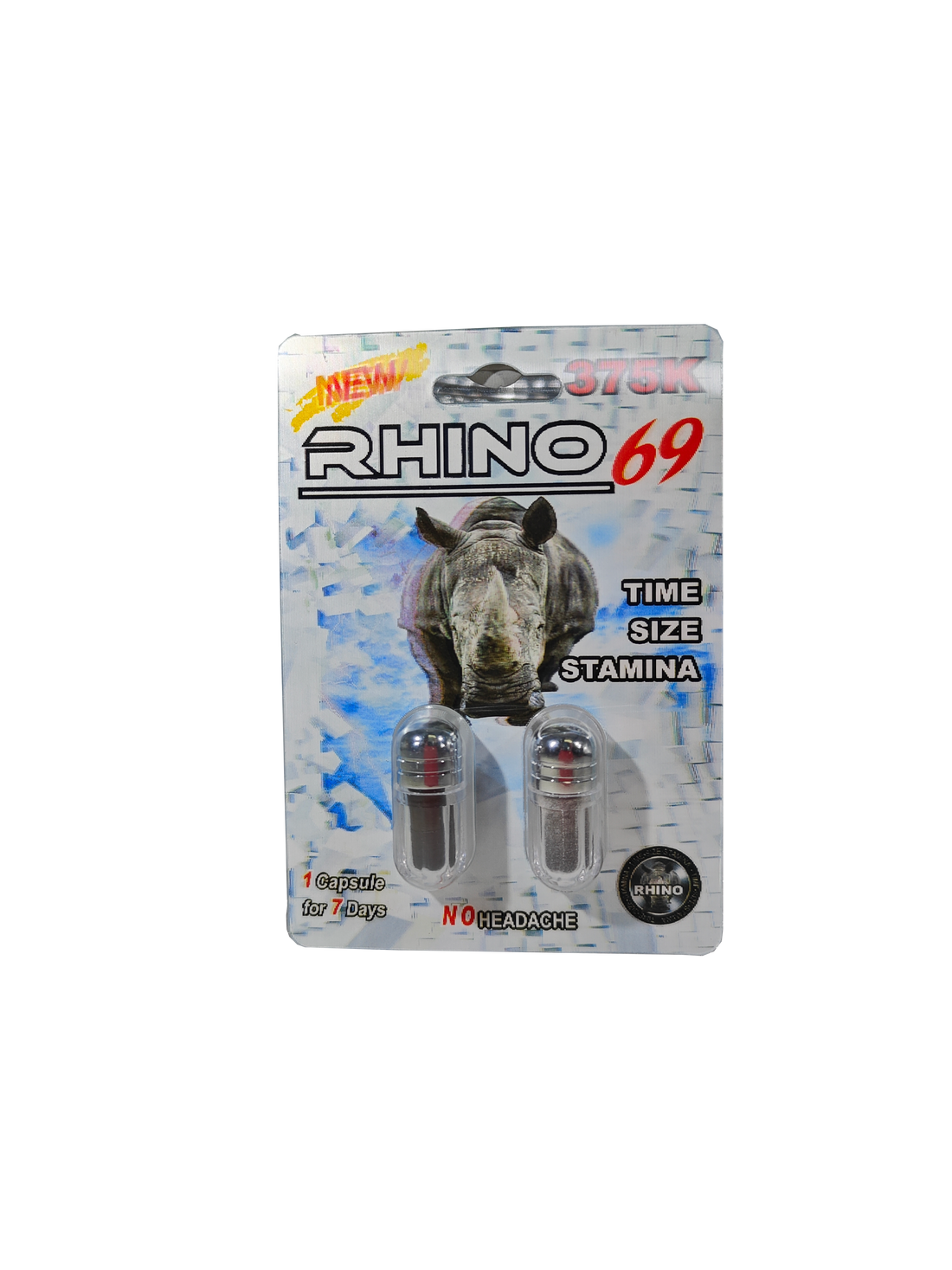 Double Capsule packet of Rhino 69 375K, a male stamina enhancement supplement pill.  