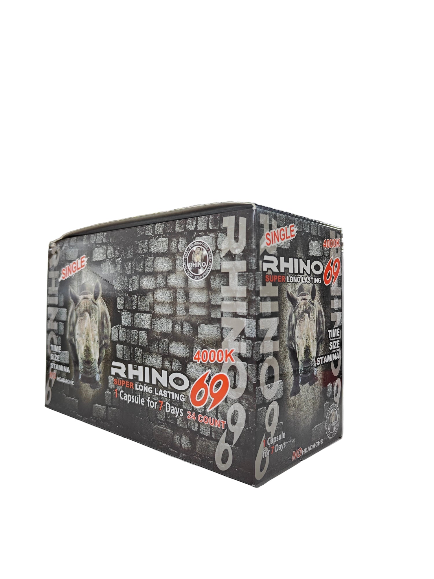 Front view of Rhino 69 4000K display box, a new male stamina enhancement supplement in pill form.