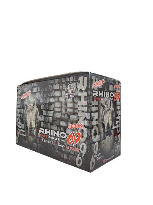Front view of Rhino 69 4000K display box, a new male stamina enhancement supplement in pill form.