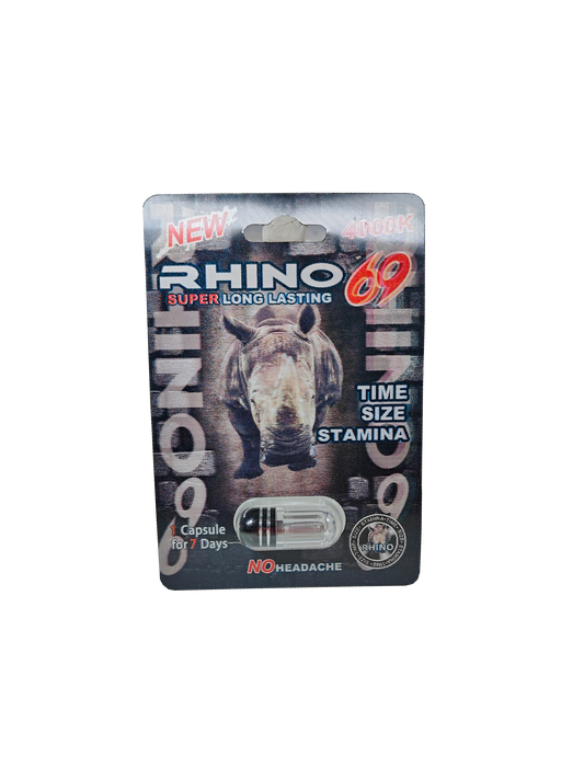 Single packet of Rhino 69 4000K, a male stamina enhancement supplement in the form of a pill.