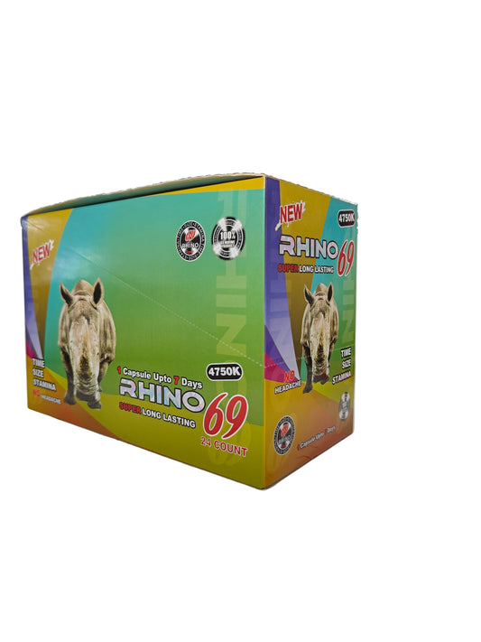 Front view of Rhino 69 4750K display box, a new male stamina enhancement supplement in pill form.