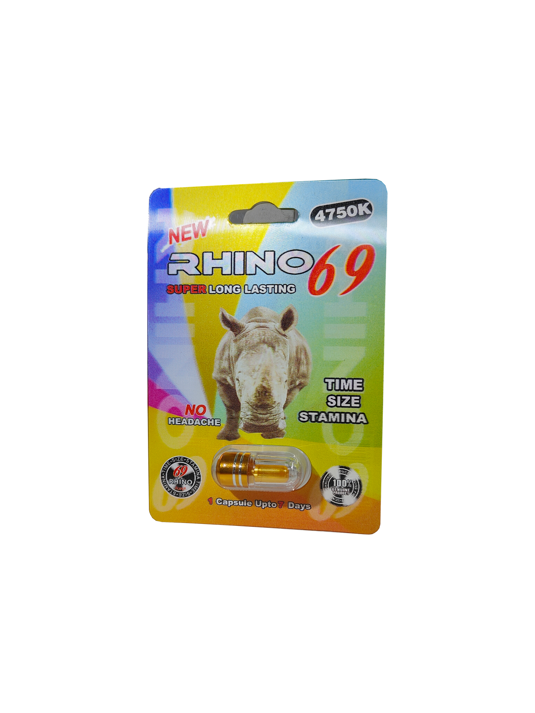 Single capsule packet of Rhino 69 4750K, a male stamina enhancement supplement in pill form.