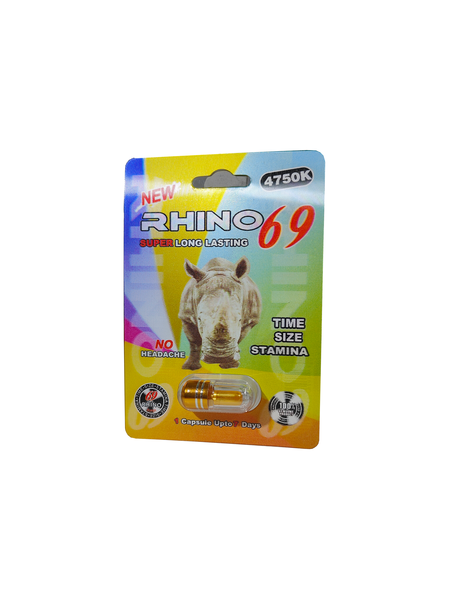 Single capsule packet of Rhino 69 4750K, a male stamina enhancement supplement in pill form.
