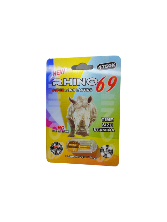 Single capsule packet of Rhino 69 4750K, a male stamina enhancement supplement in pill form.