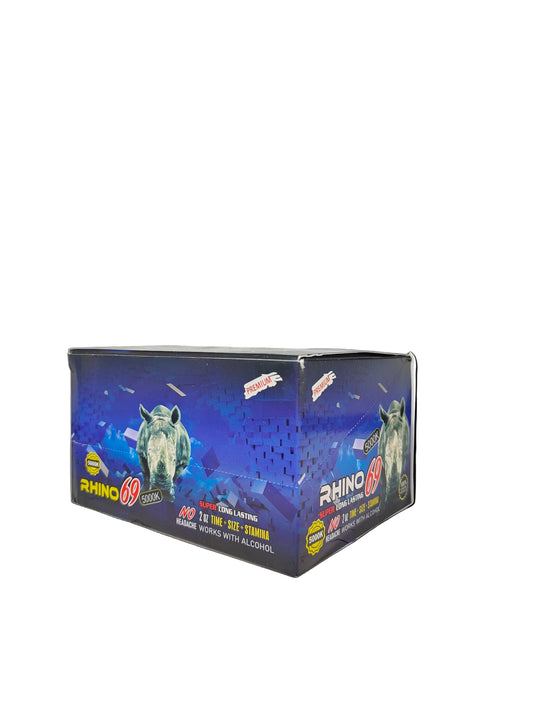 Front view of Rhino 69 5000K Shots, a display box of premium male enhancement supplements.