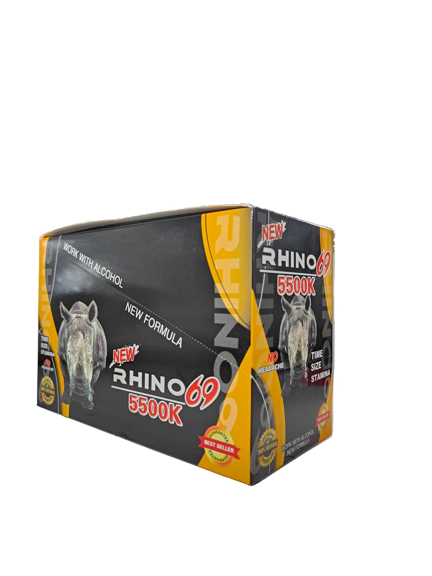 Front view of Rhino 69 5500K display box, a new male stamina enhancement supplement in pill form.