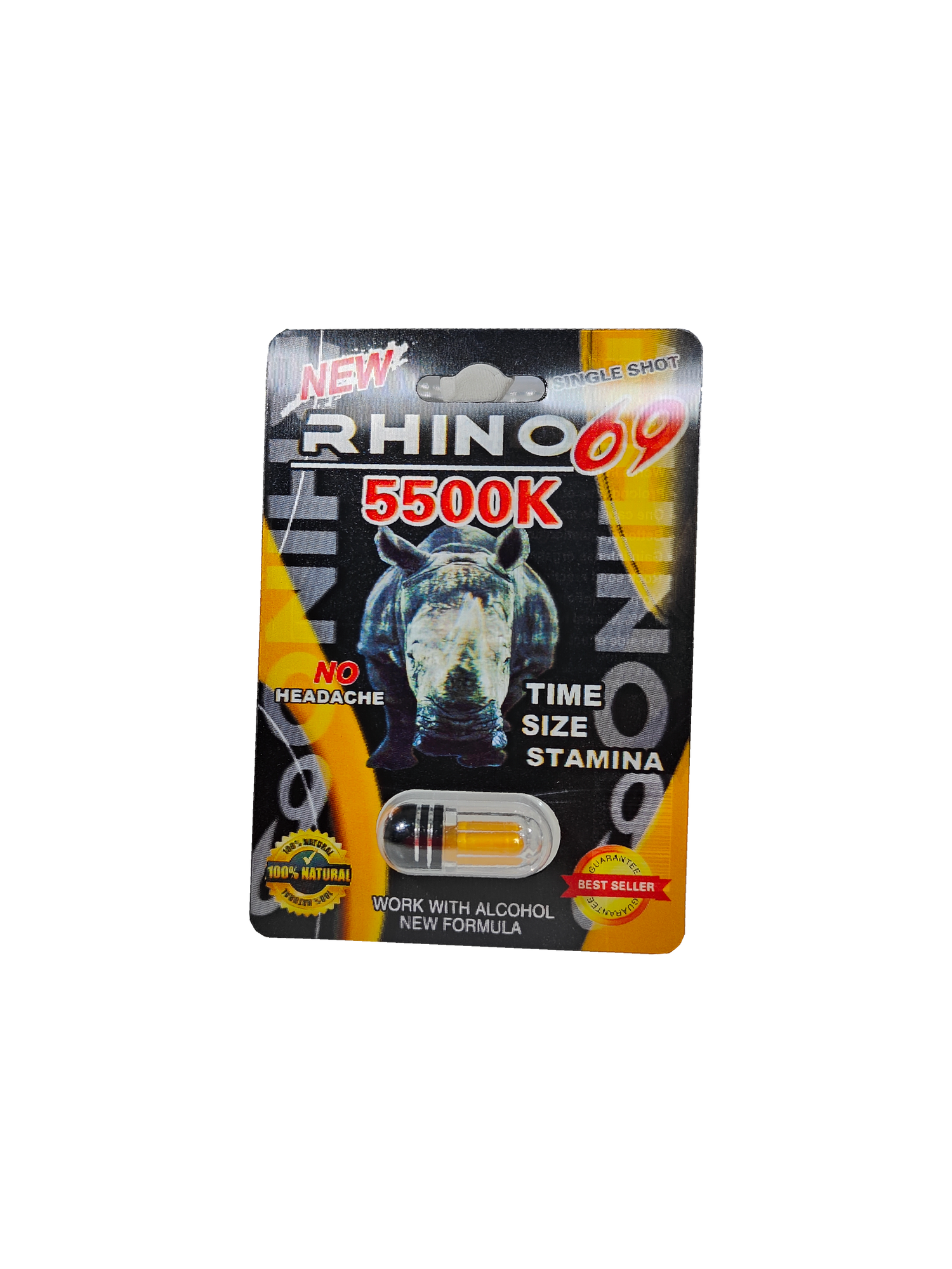 Single capsule packet of Rhino 69 5500K, a male stamina enhancement pill.