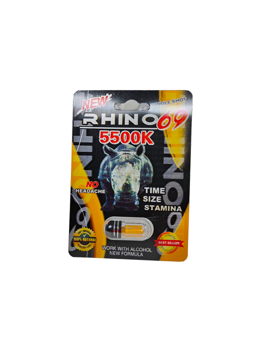 Single capsule packet of Rhino 69 5500K, a male stamina enhancement pill.