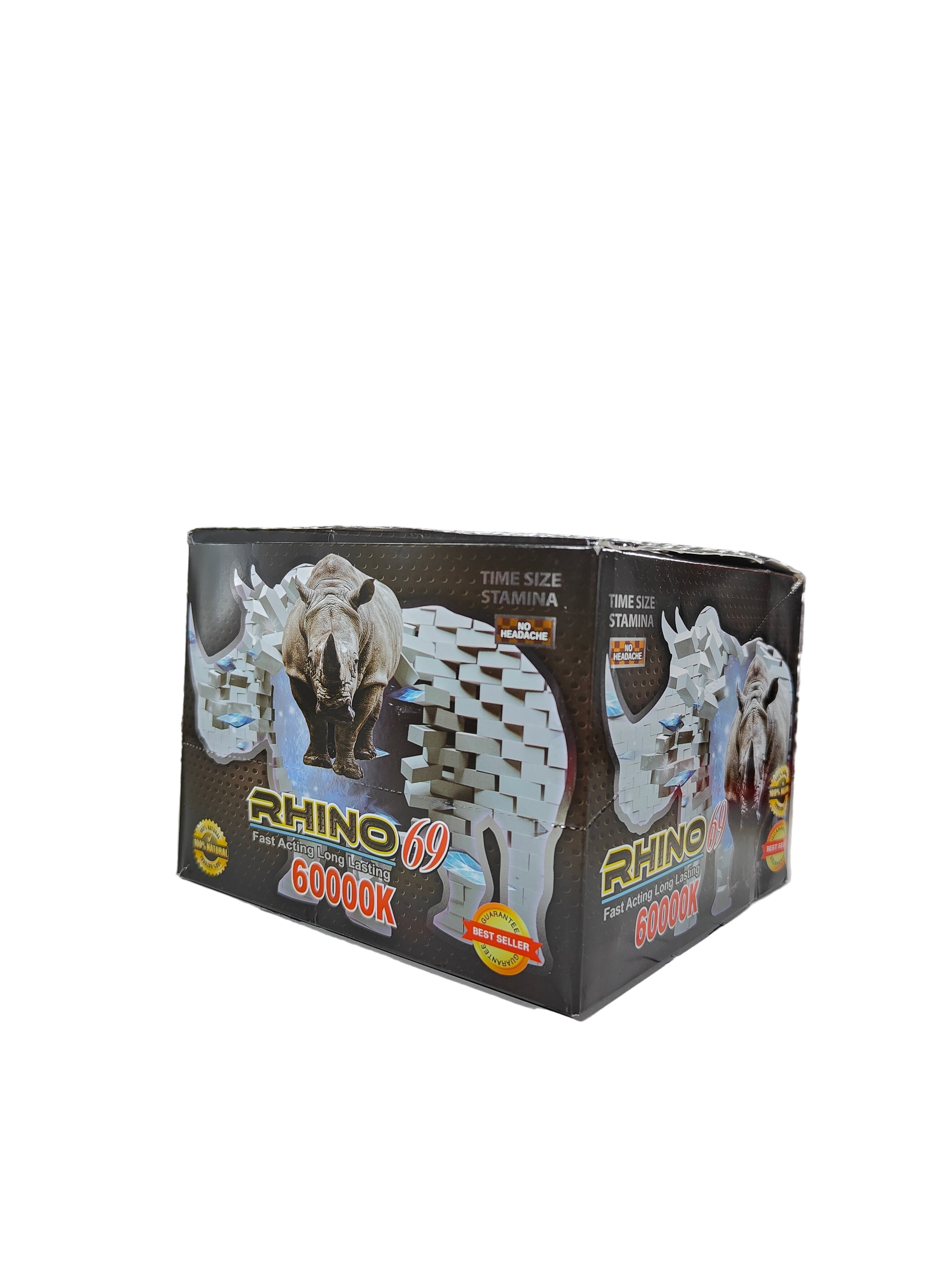 Front view of Rhino 69 60000K display box, a premium male stamina enhancement supplement pill. 