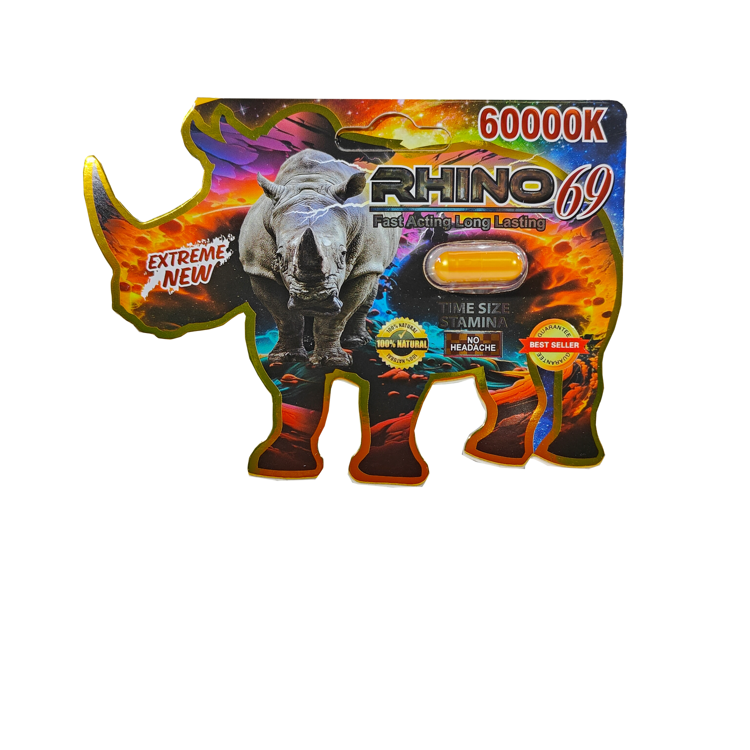 Single capsule packet of Rhino 69 Extreme 60000K, A male stamina enhancement supplement in pill form.