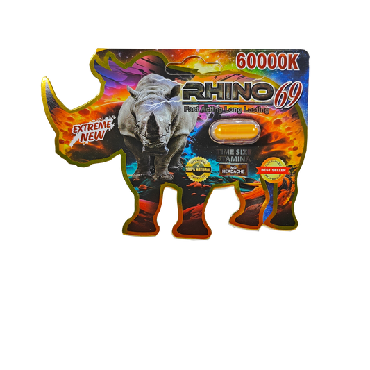 Single capsule packet of Rhino 69 Extreme 60000K, A male stamina enhancement supplement in pill form.