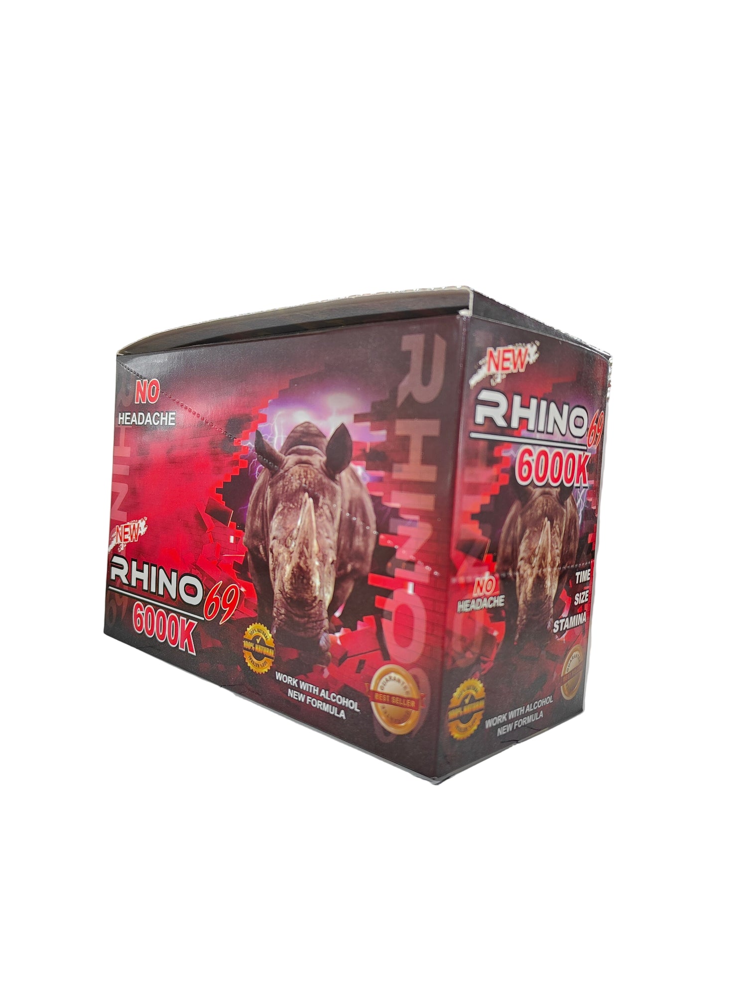 Front view of Rhino 69 6000K display box, a new male stamina enhancement supplement in pill form.