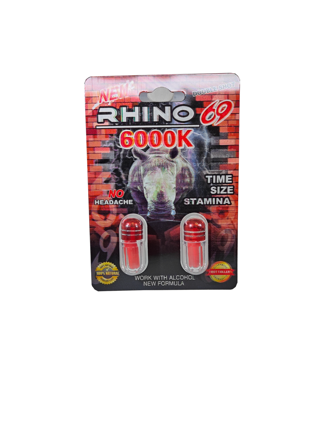 Double capsule packet of Rhino 69 6000K, a new male enhancement supplement pill. 