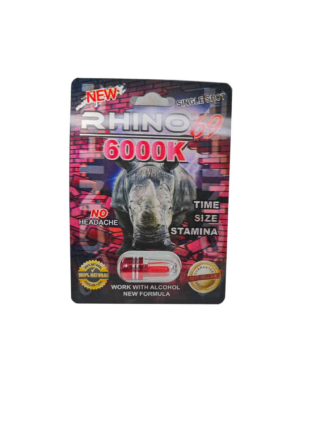 Single capsule packet of Rhino 69 6000K, A new male enhancement supplement pill.