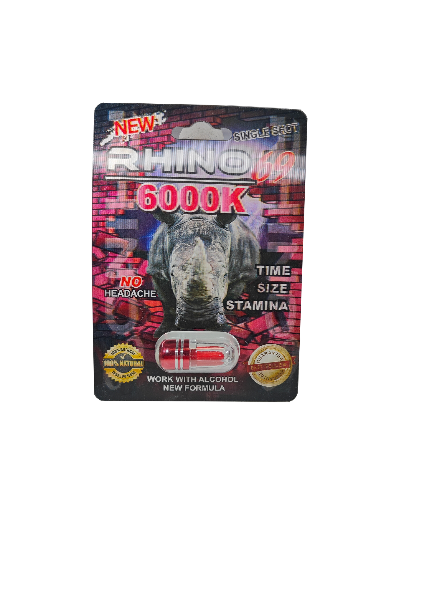 Single capsule packet of Rhino 69 6000K, A new male enhancement supplement pill.
