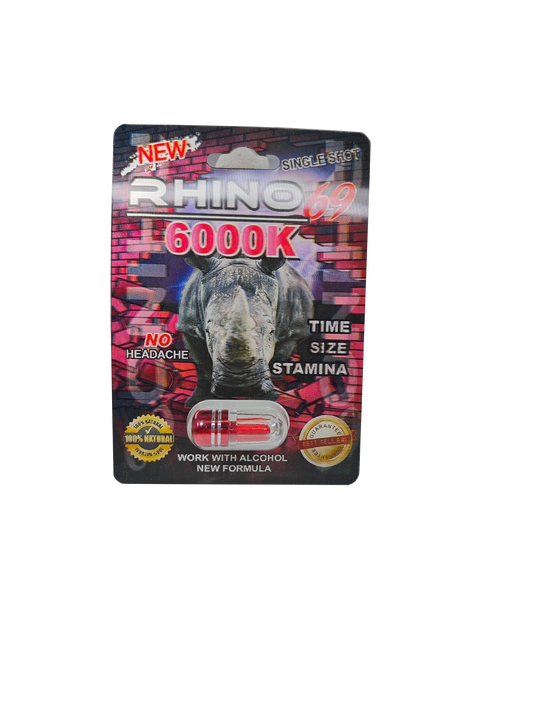 Single capsule packet of Rhino 69 6000K, A new male enhancement supplement pill.