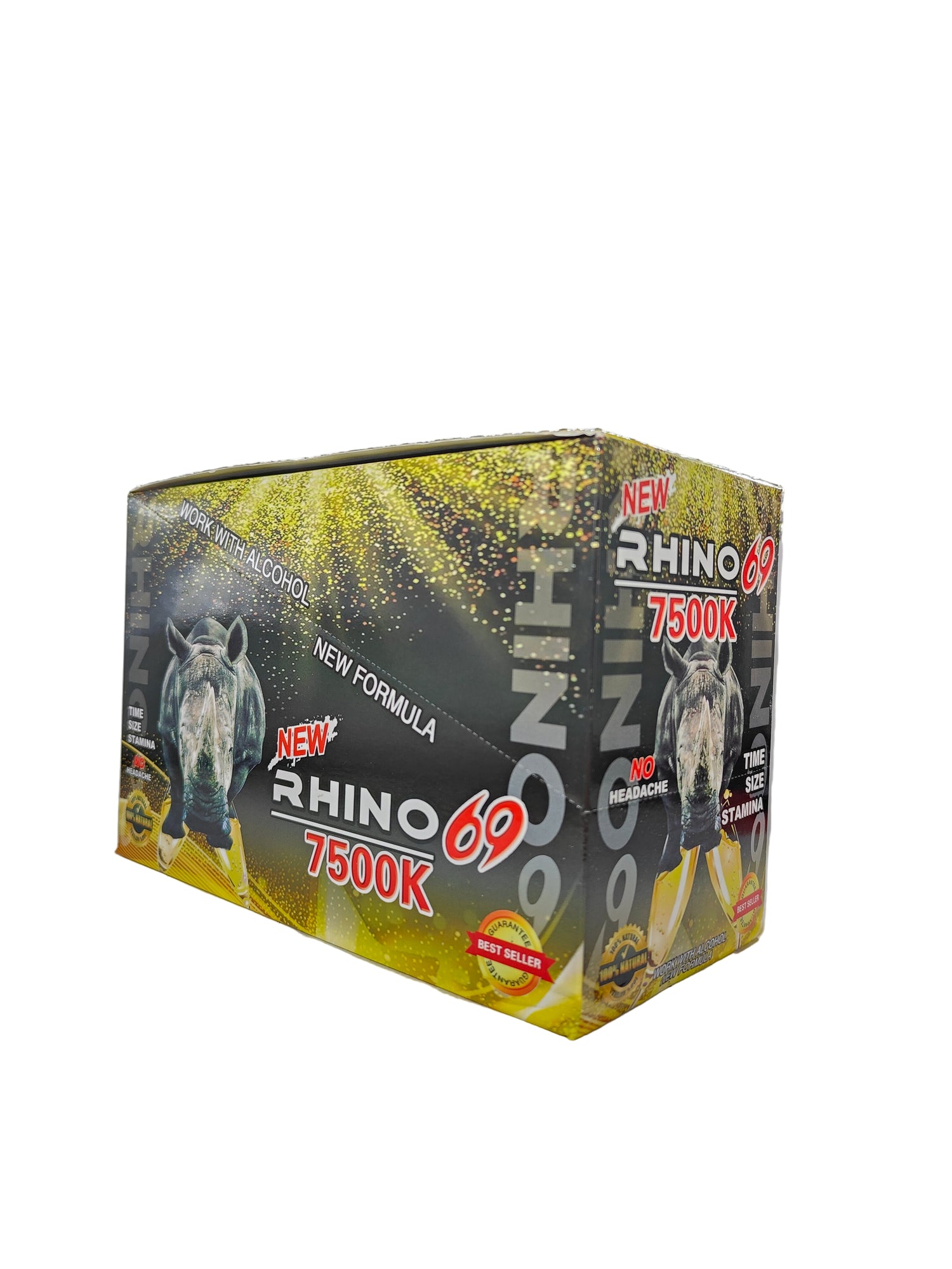 Front view of Rhino 69 7500K display box, a new male stamina enhancement supplement in pill form.