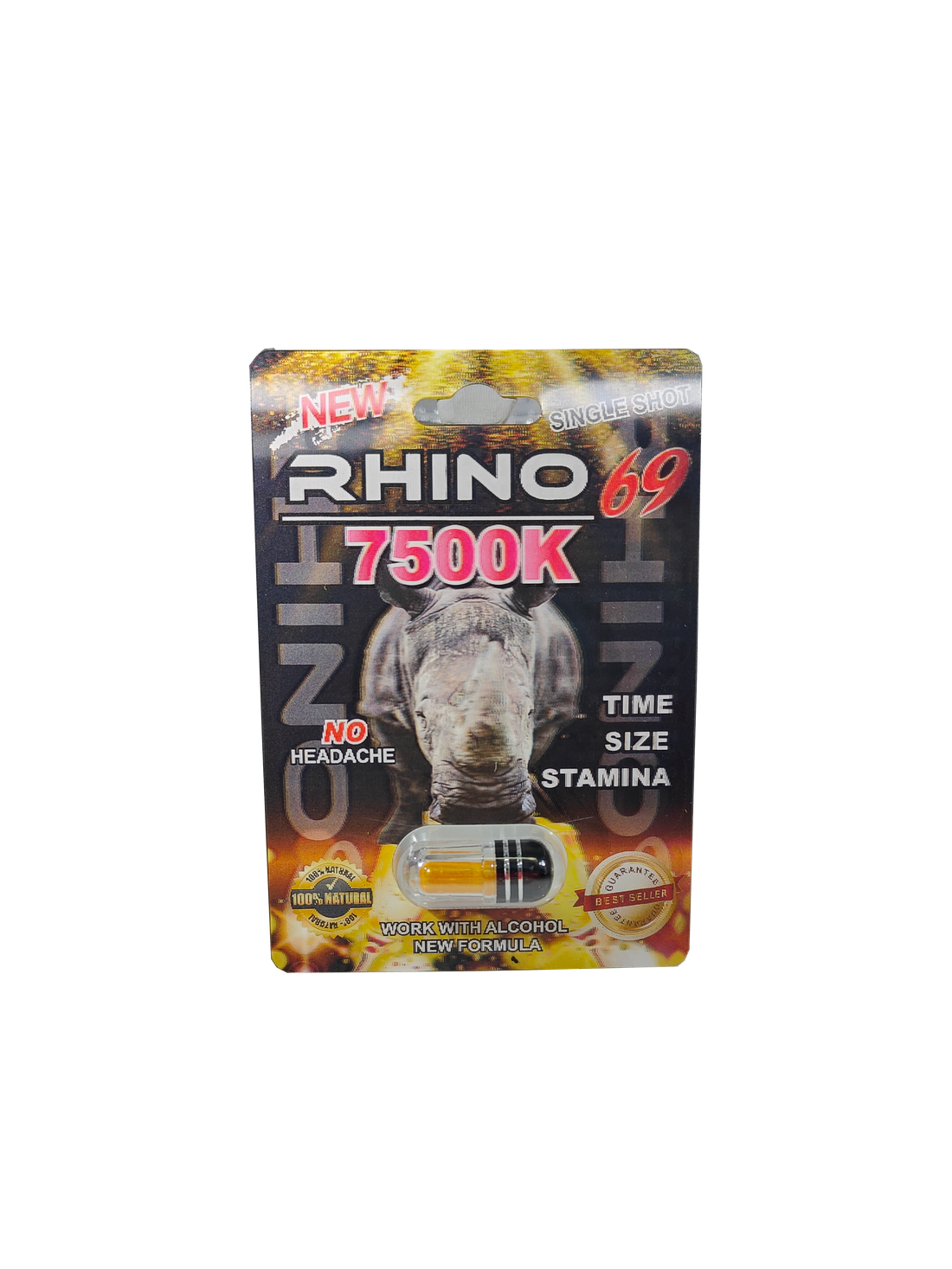 Single capsule packet of Rhino 69 7500K, a new male stamina enhancement pill.