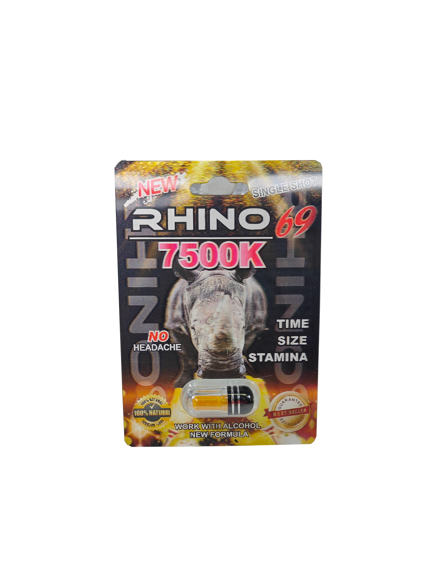 Single capsule packet of Rhino 69 7500K, a new male stamina enhancement pill.