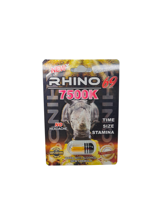 Single capsule packet of Rhino 69 7500K, a new male stamina enhancement pill.
