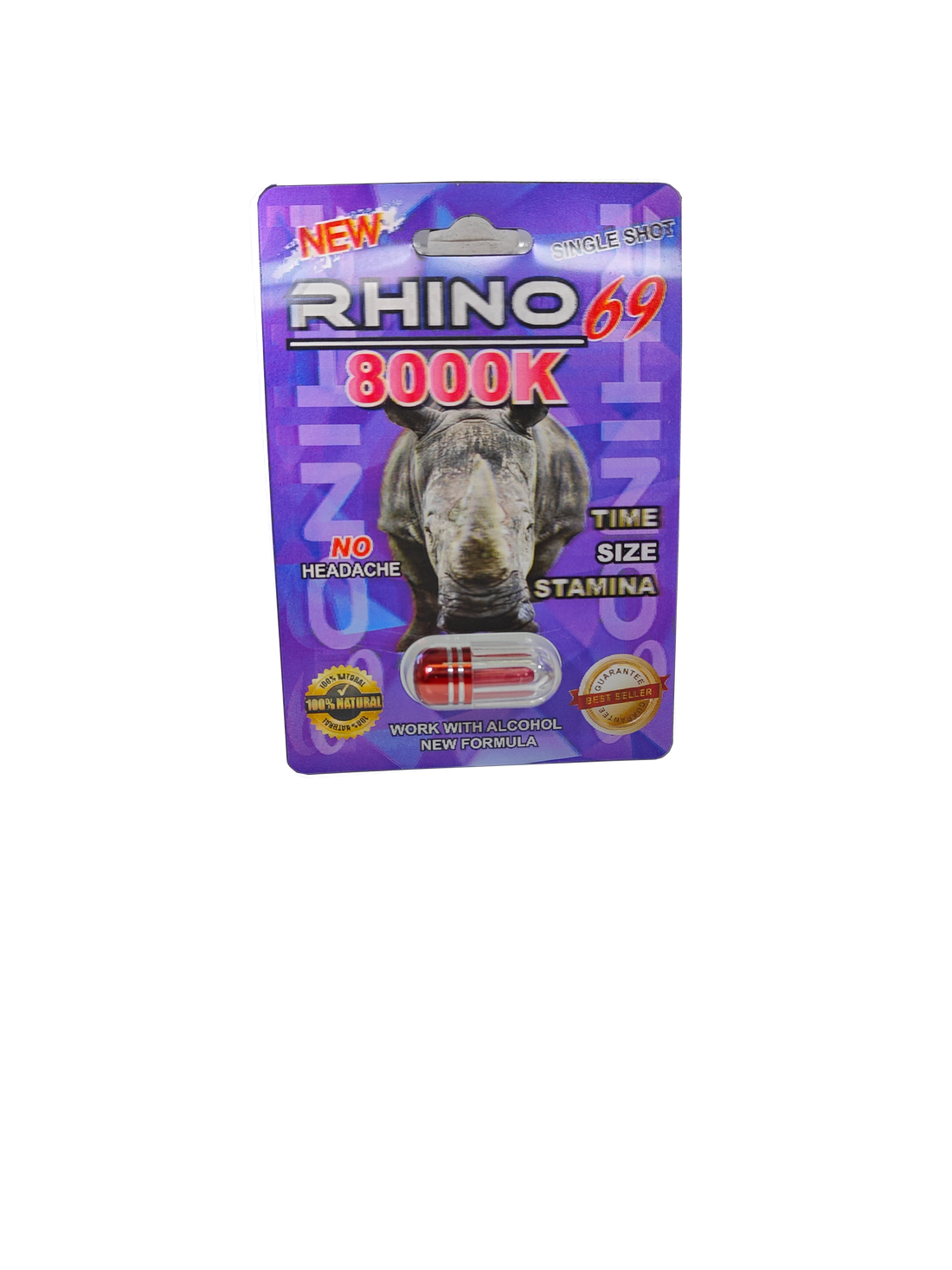Single capsule packet of Rhino 69 8000K, a male enhancement supplement pill.