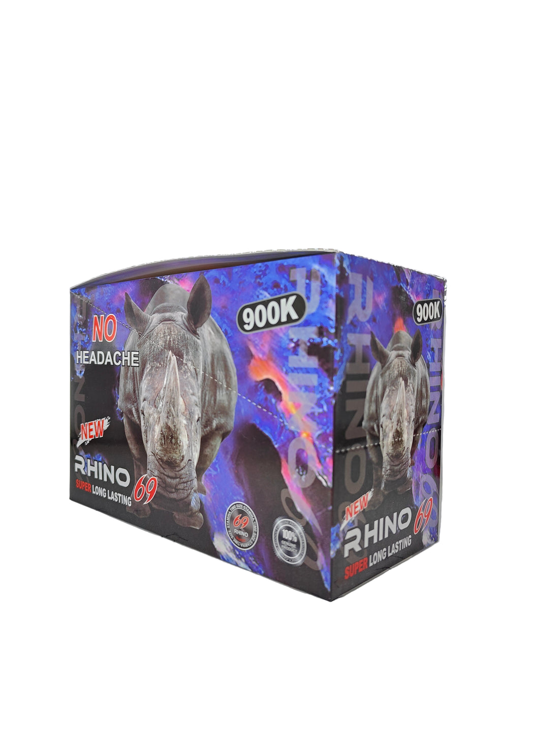 Front view of Rhino 69 900K display box, a new male stamina enhancement supplement in pill form.