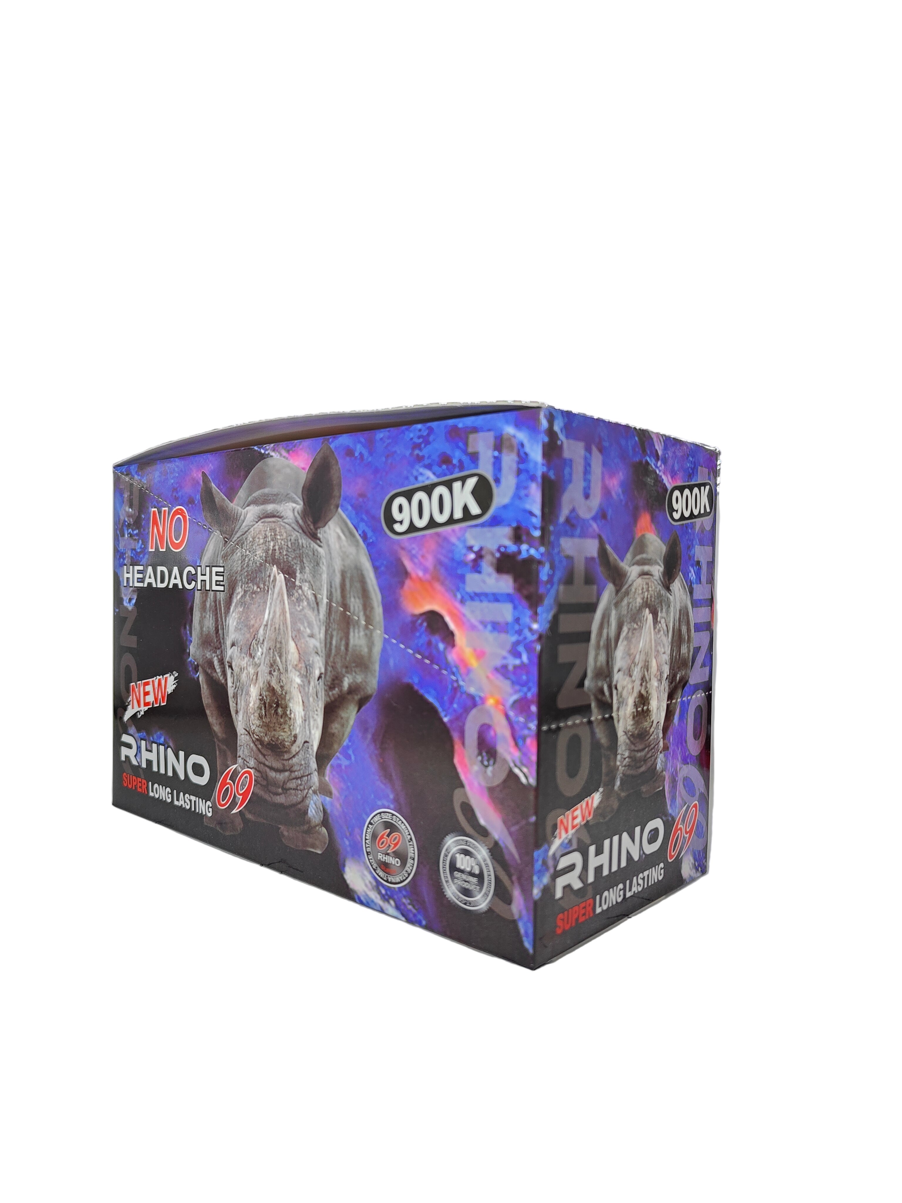 Front view of Rhino 69 900K display box, a new male stamina enhancement supplement in pill form.