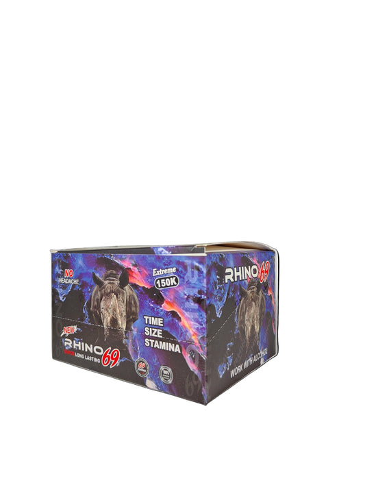 Front view of Rhino 69 Extreme 150K Shots, a display box of premium male enhancement supplements.