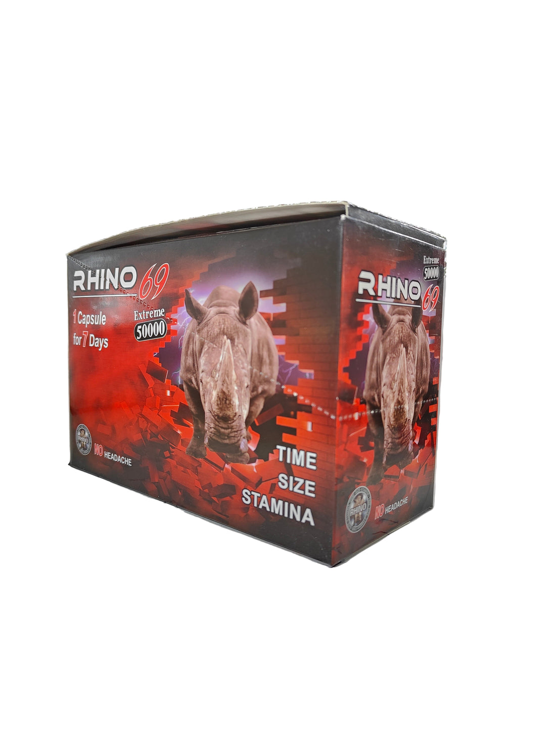 Front view of Rhino 69 5000K display box, a new male stamina enhancement supplement in pill form.