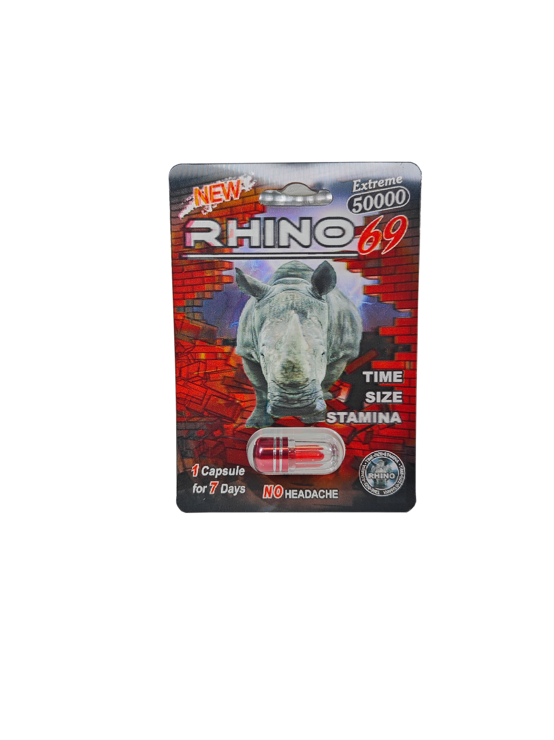 Single capsule packet of Rhino 69 Extreme 50000, a male stamina enhancement supplement pill.