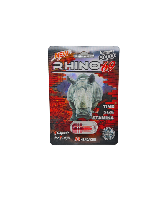 Single capsule packet of Rhino 69 Extreme 50000, a male stamina enhancement supplement pill.