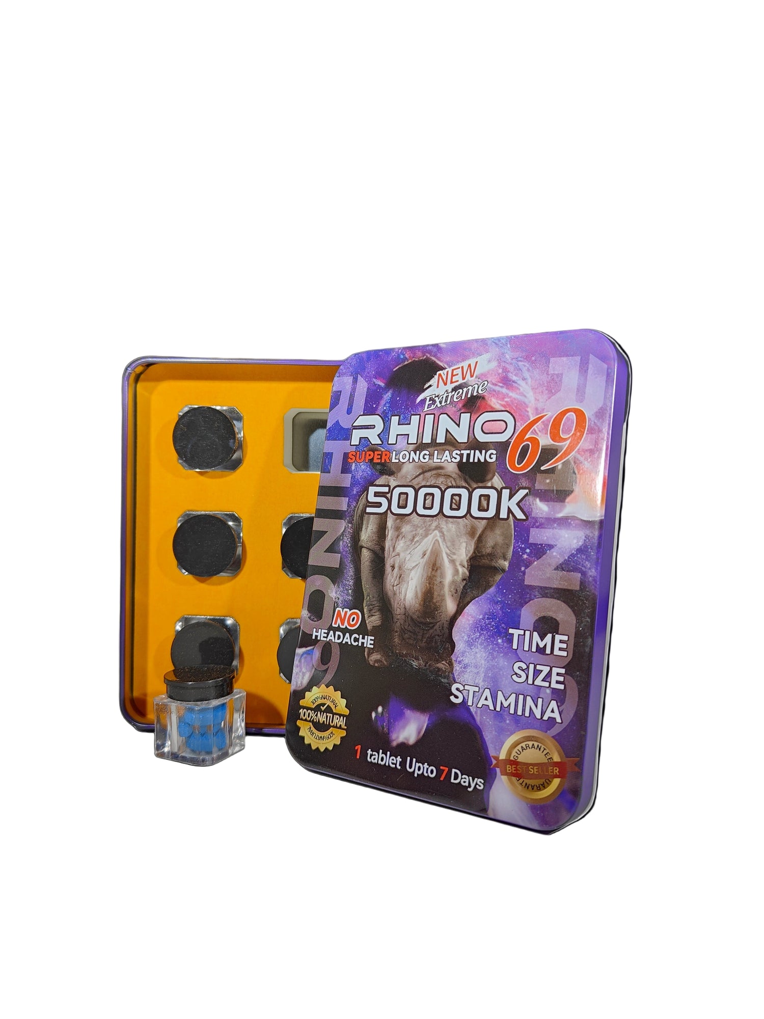 Front view of Rhino 69 Extreme 50000k Pills, a tin of male enhancement supplements.