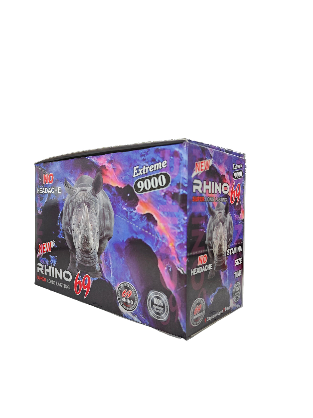 Front view of Rhino 69 Extreme 9000K display box, a new male stamina enhancement supplement in pill form.
