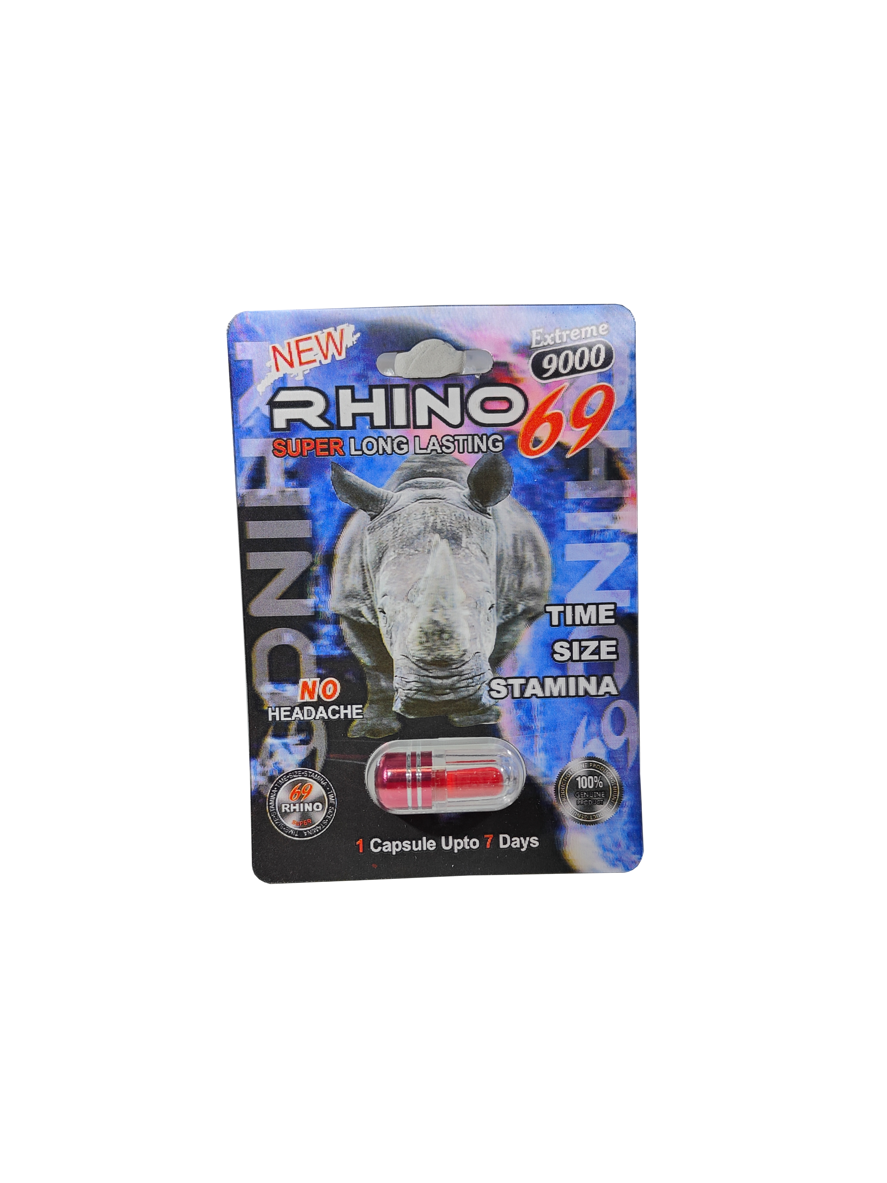 Single capsule packet of Rhino 69 Extreme 9000, a male enhancement supplement pill. 