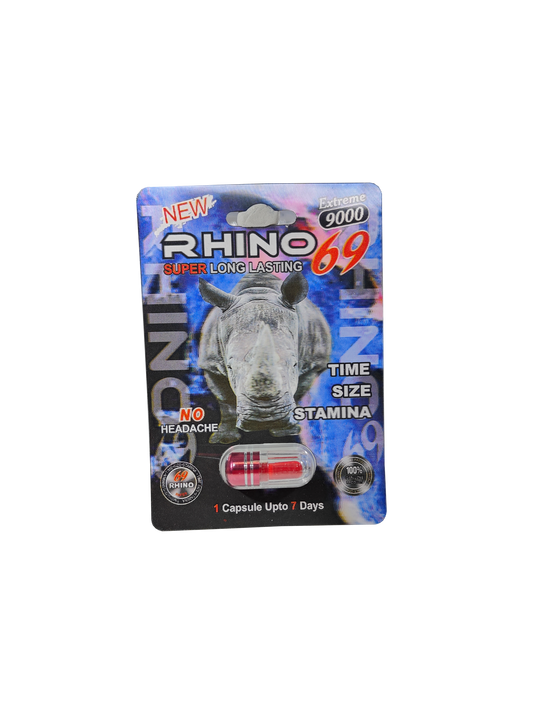 Single capsule packet of Rhino 69 Extreme 9000, a male enhancement supplement pill. 
