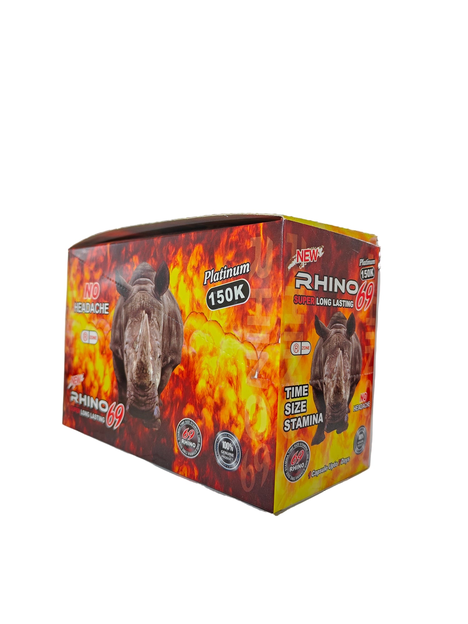 Front view of Rhino 69 Platinum 150K, a premium male enhancement supplement in pill form.