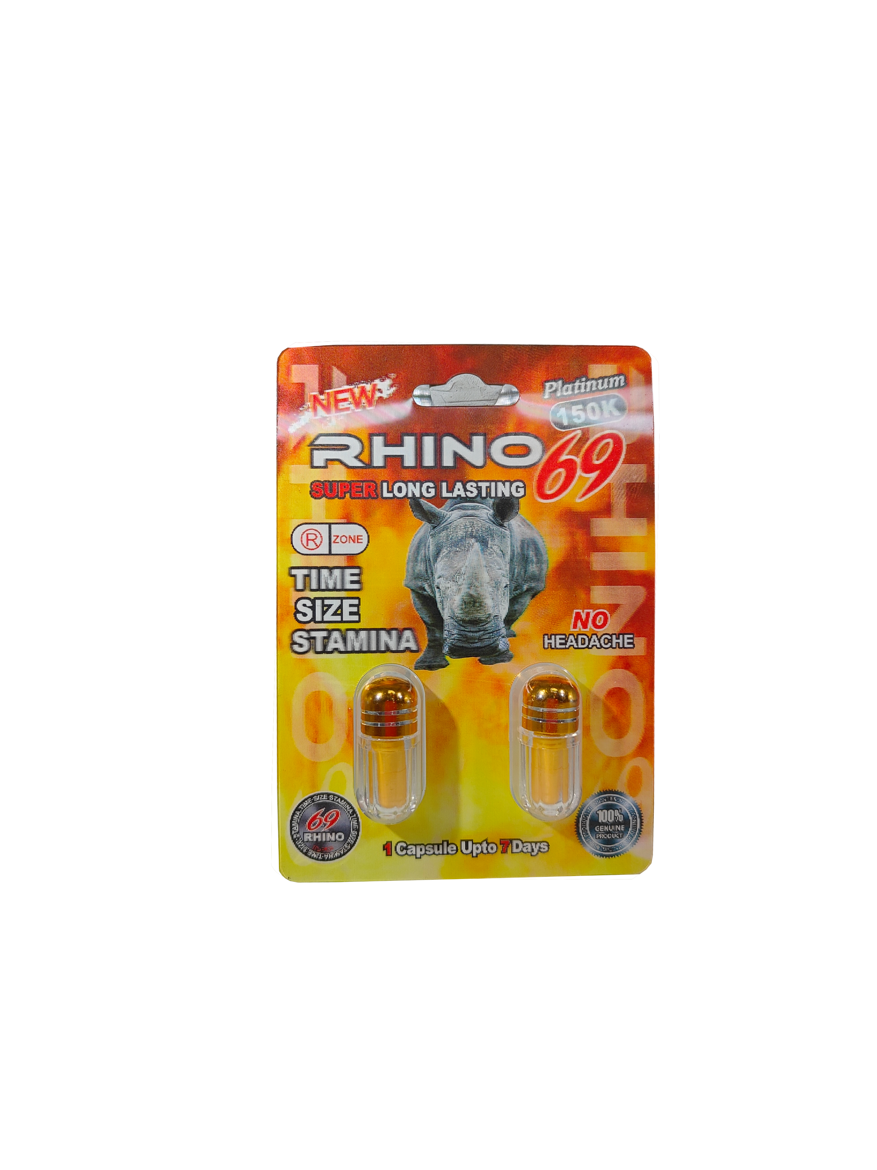 Double capsule packet of Rhino 69 Platinum 150K, a male enhancement supplement pill. 