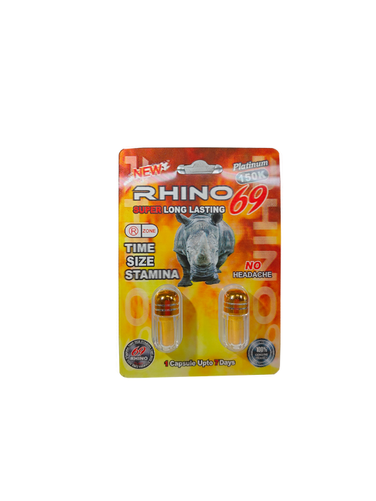 Double capsule packet of Rhino 69 Platinum 150K, a male enhancement supplement pill. 