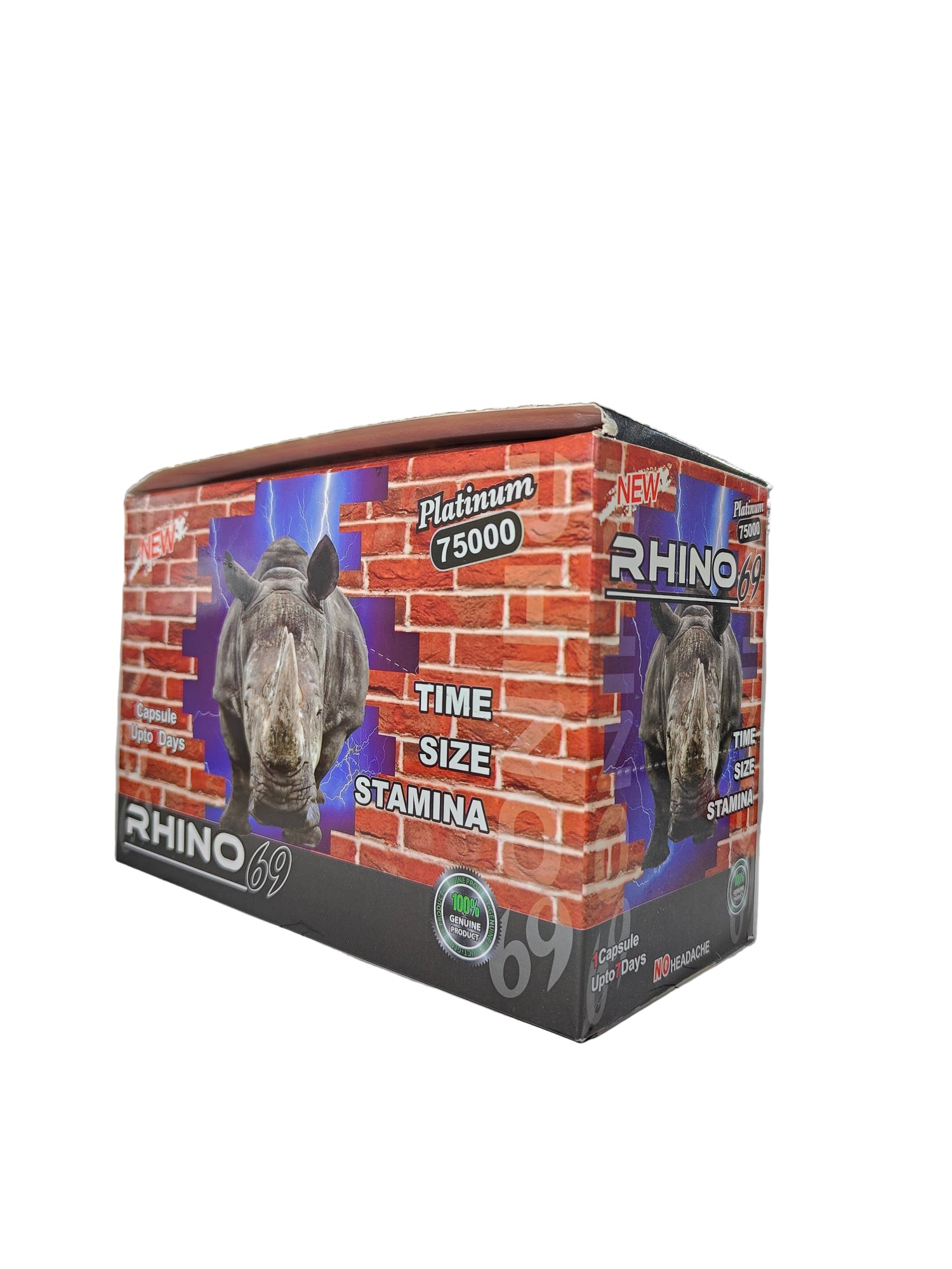 Front view of Rhino 69 Platinum 75000K display box, a new male stamina enhancement supplement in pill form.