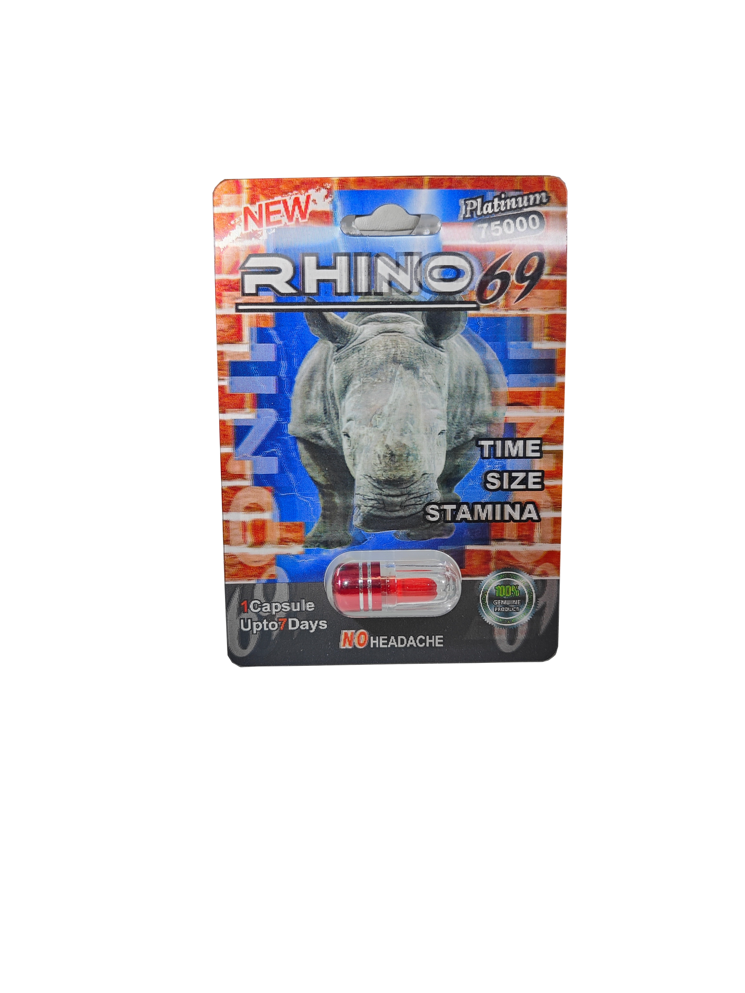 Single capsule packet of Rhino 69 Platinum 75000, a male stamina enhancement pill.