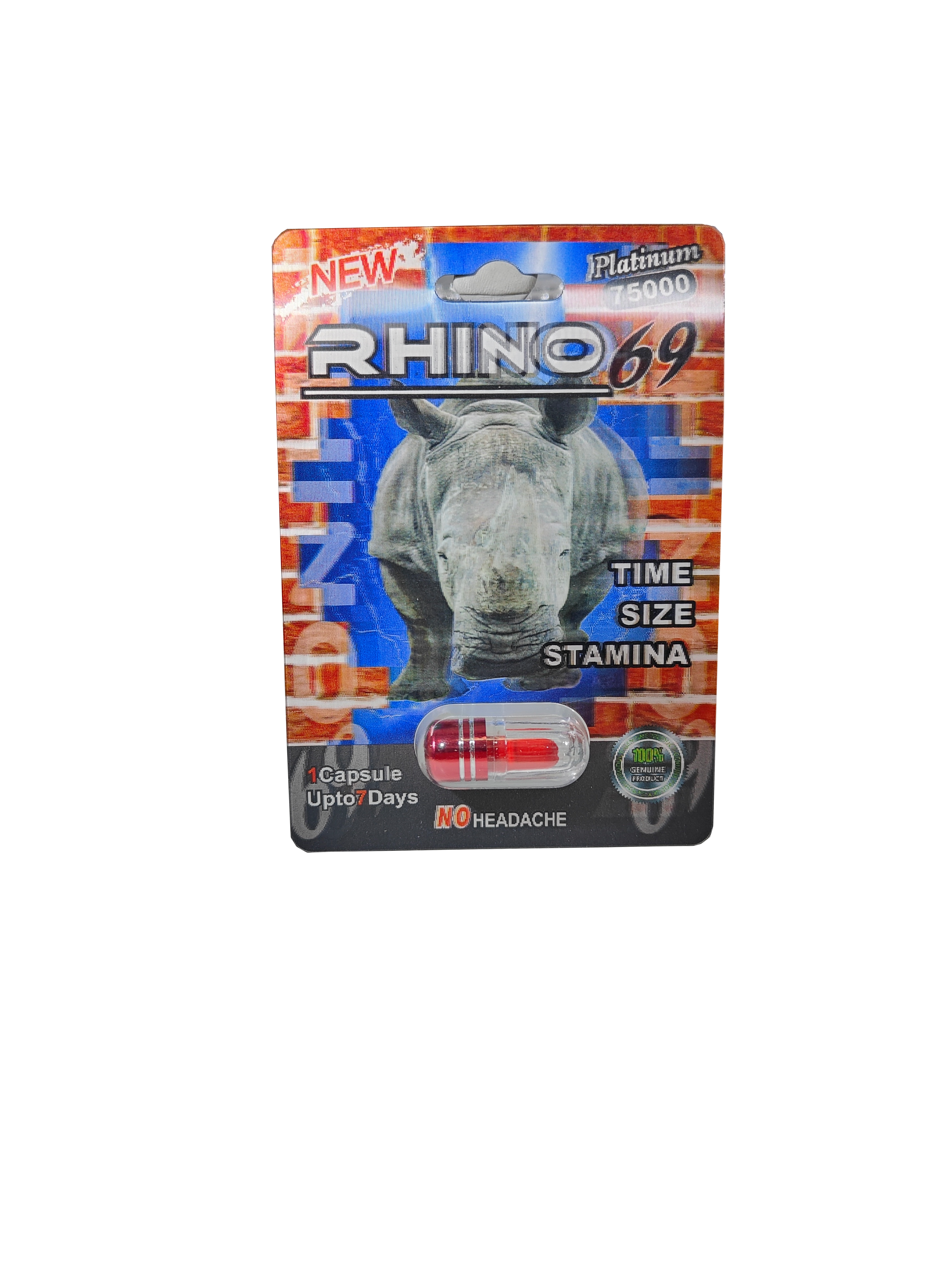 Single capsule packet of Rhino 69 Platinum 75000, a male stamina enhancement pill.