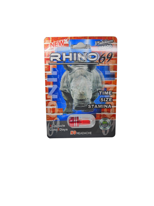 Single capsule packet of Rhino 69 Platinum 75000, a male stamina enhancement pill.