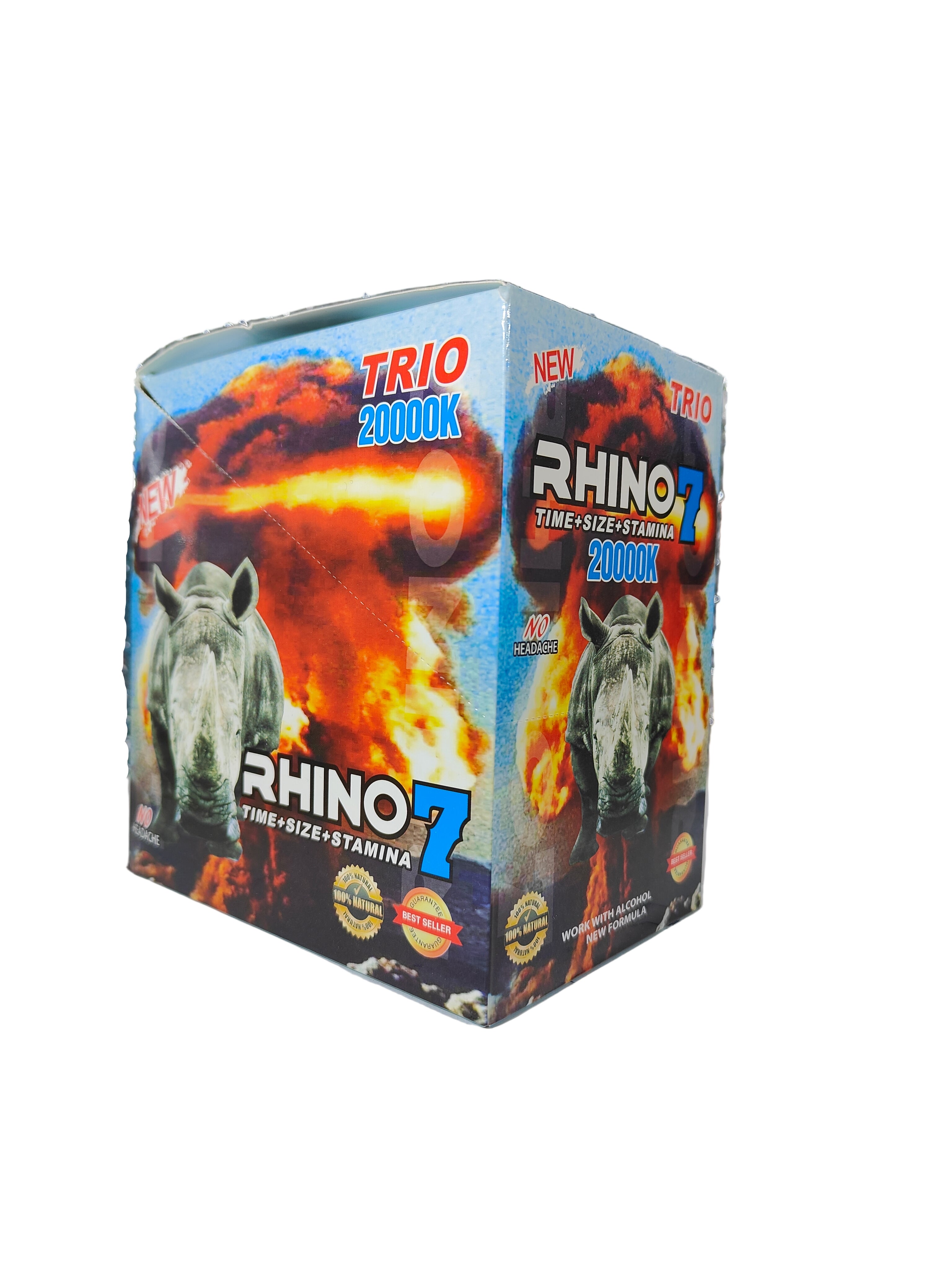 Front view of Rhino 7 20000k Trio Display Box. A male supplement to enhance sexual stamina in the form of a pill.