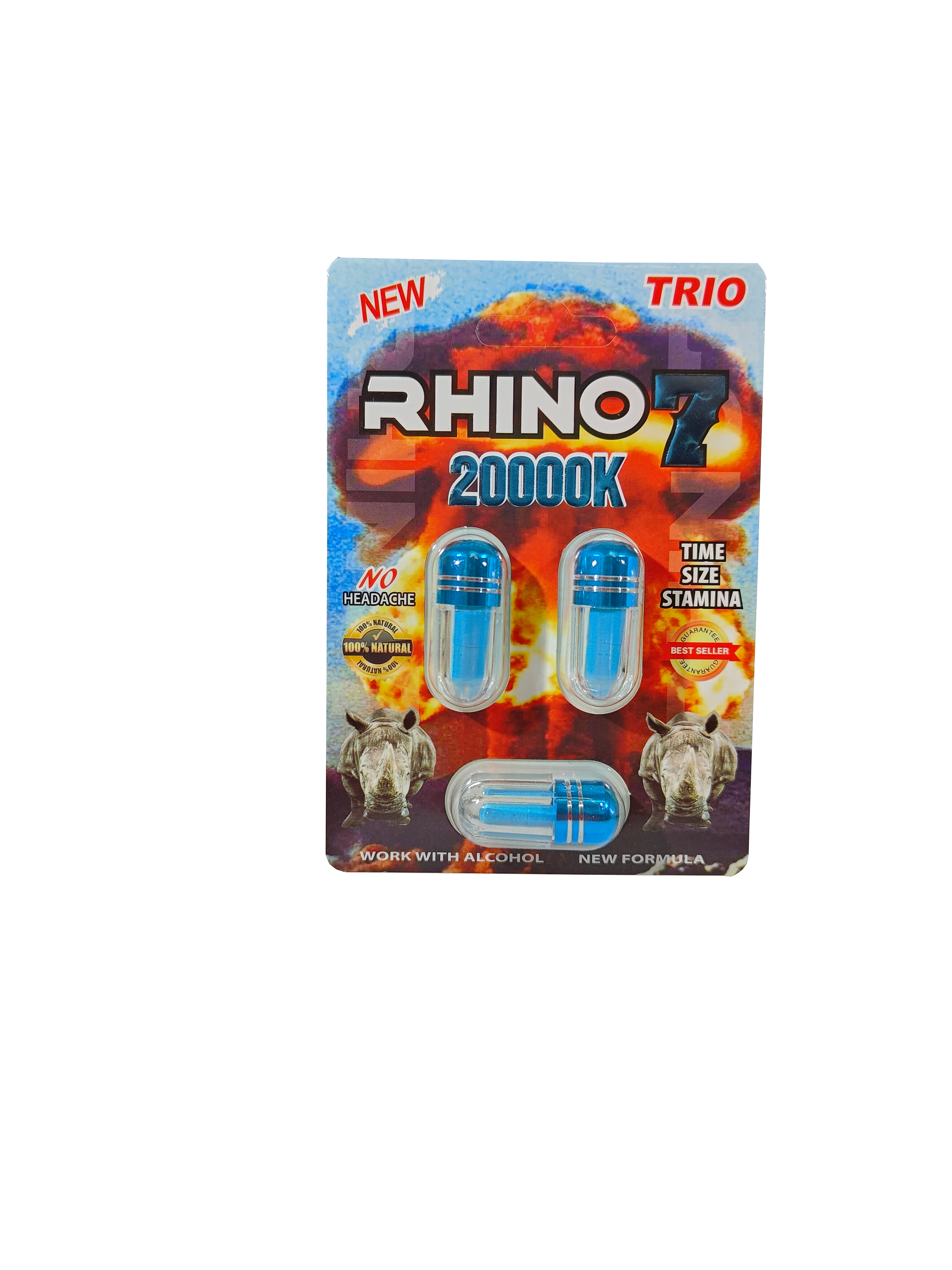 Triple Capsule packet of Rhino 7 20000K. A male enhancement supplement in the form of pills.