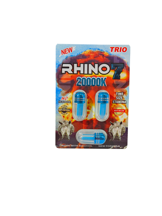 Triple Capsule packet of Rhino 7 20000K. A male enhancement supplement in the form of pills.