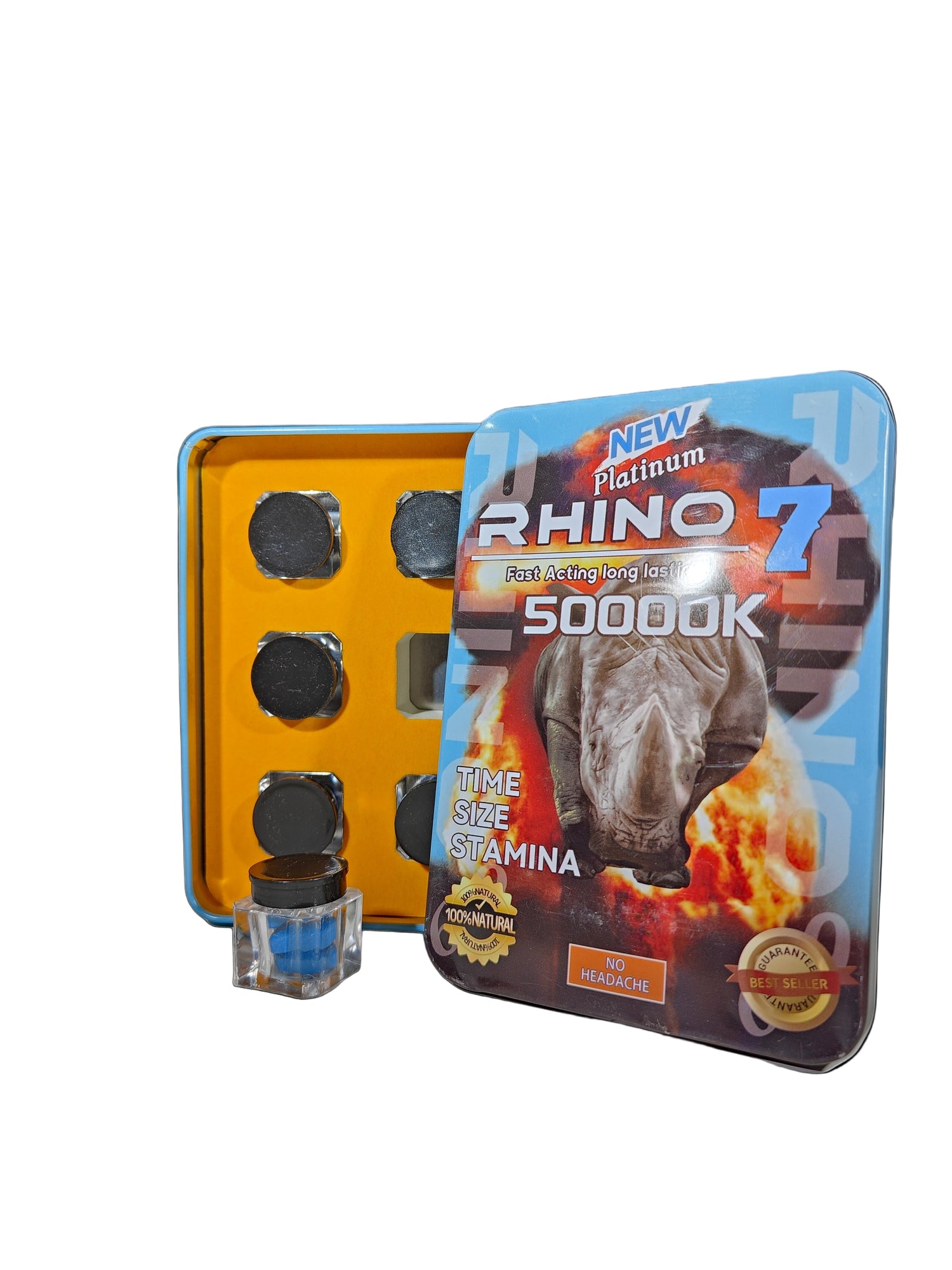 Front view of Rhino 7 Platinum 50000k Pills. A tin of male enhancement supplements.