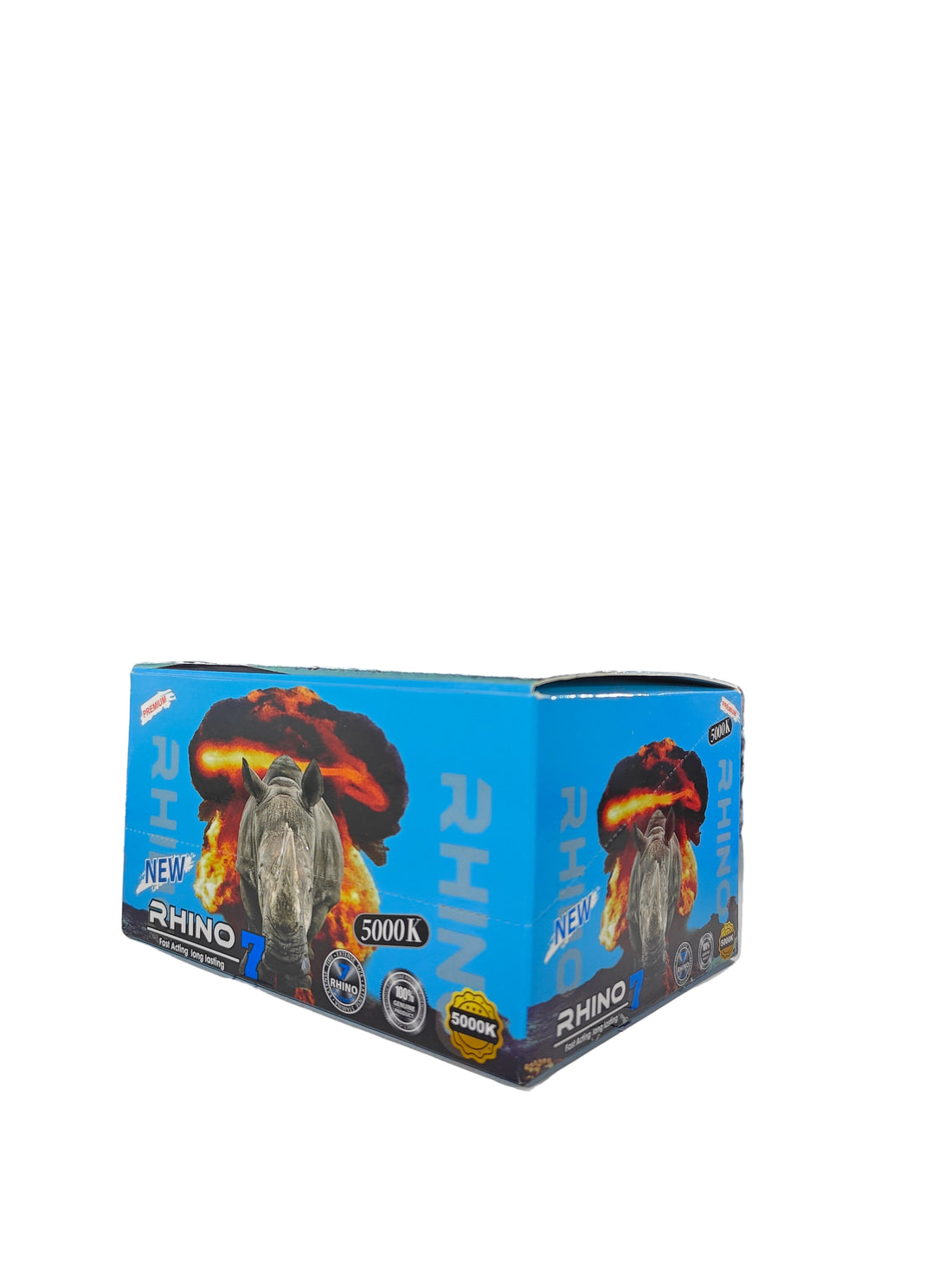 Front view of Rhino 7 5000k Shots, a display box of premium male enhancement supplements.