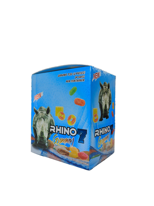 Front view of Rhino 7 gummies display box. A premium male enhancement supplement in the form of sugar coated gummies.