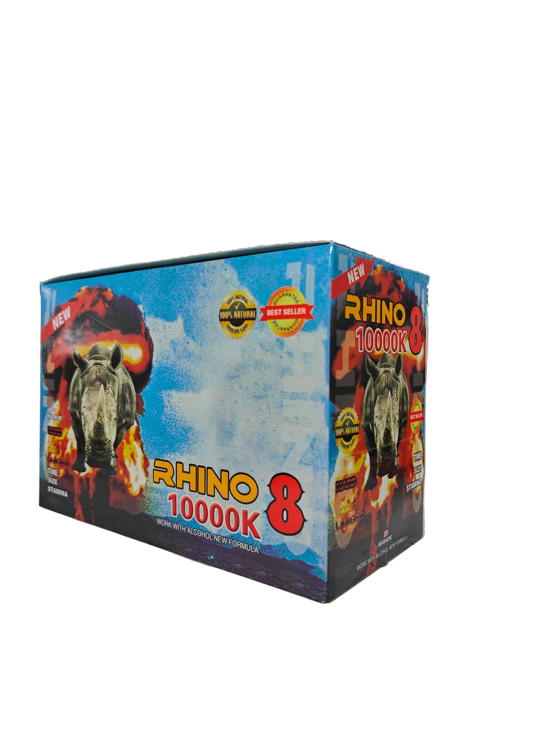 Front view of Rhino 8 10000K display box, a new male stamina enhancement supplement in pill form.